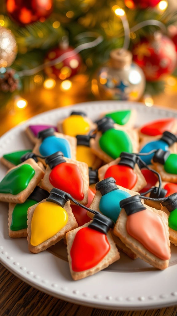 A plate of decorated Christmas cookies shaped like colorful lights, set against a festive holiday background.
